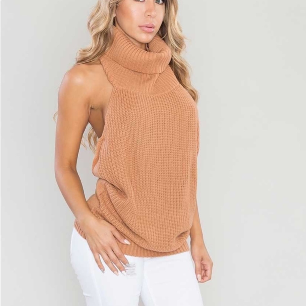 Tan backless halter sweater